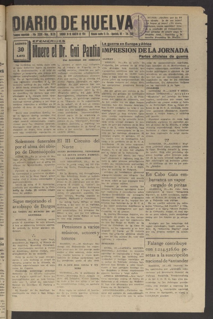 Miniatura de Diario de Huelva : periódico independiente del 30 de agosto de 1941