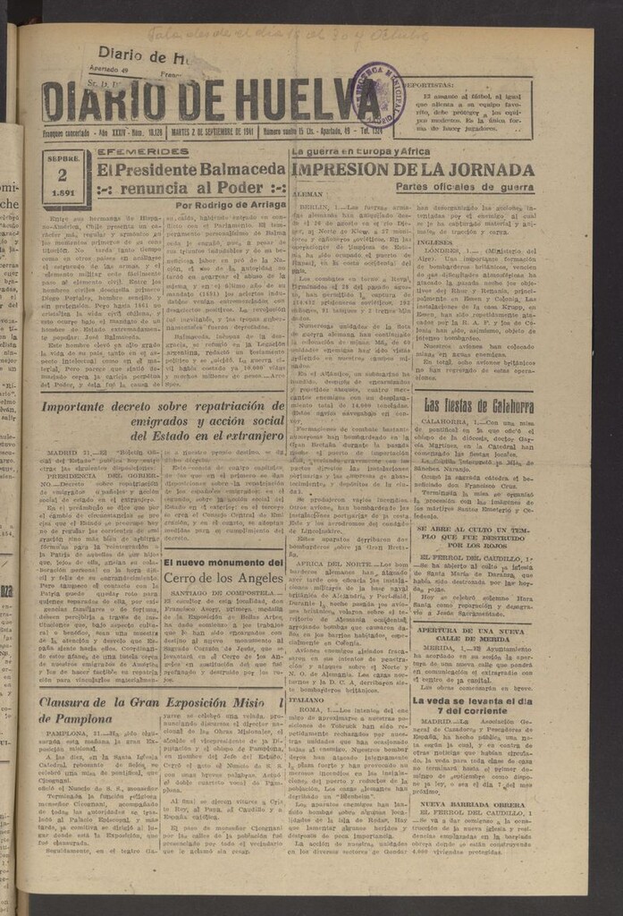 Miniatura de Diario de Huelva : periódico independiente del 2 de septiembre de 1941