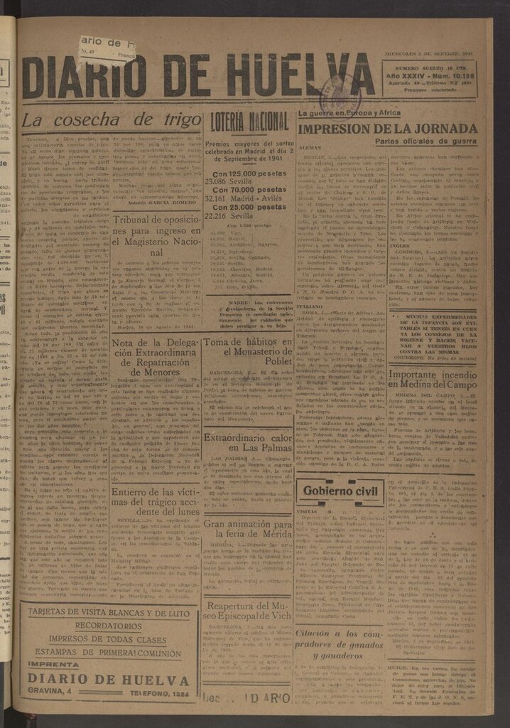 Miniatura de Diario de Huelva : periódico independiente del 3 de septiembre de 1941