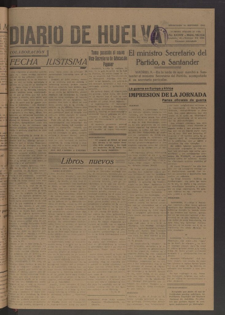 Miniatura de Diario de Huelva : periódico independiente del 10 de septiembre de 1941