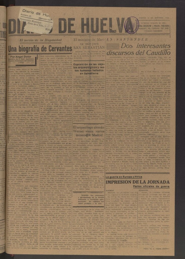Miniatura de Diario de Huelva : periódico independiente del 11 de septiembre de 1941