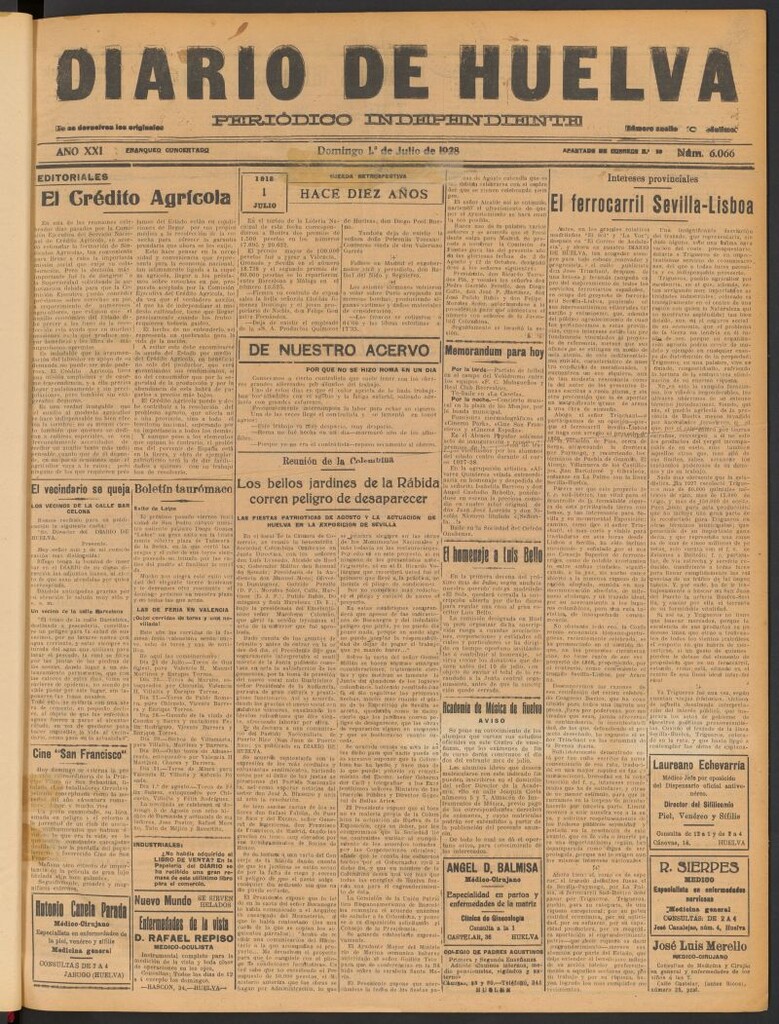 Miniatura de Diario de Huelva : periódico independiente del 1 de julio de 1928