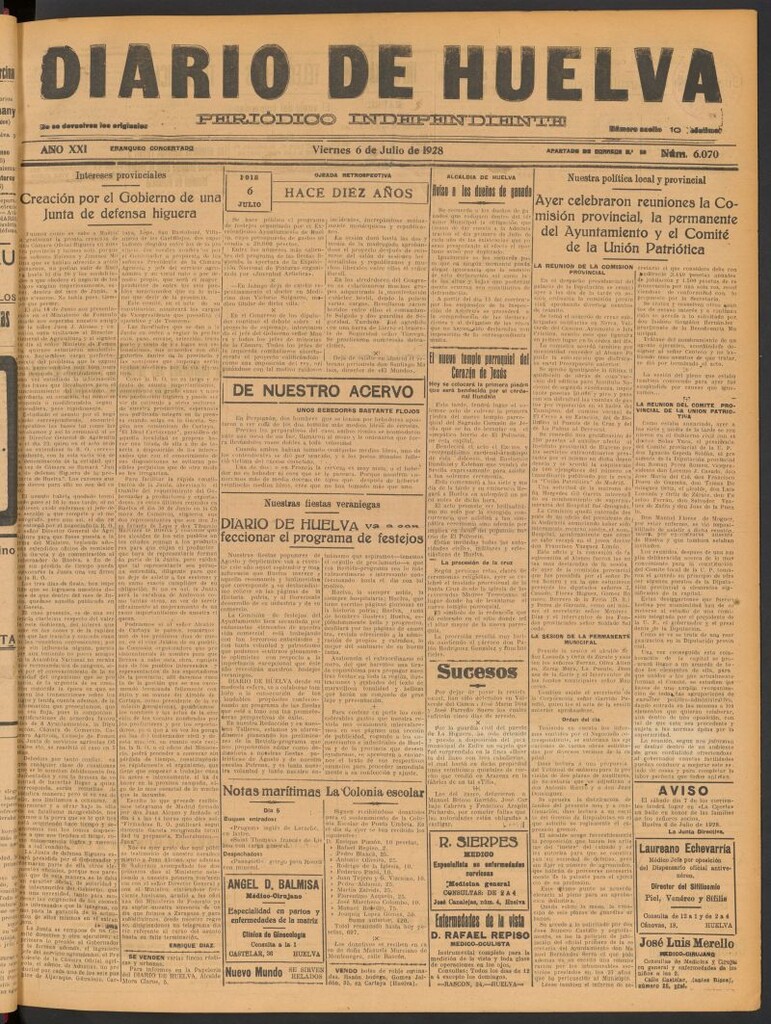 Miniatura de Diario de Huelva : periódico independiente del 6 de julio de 1928