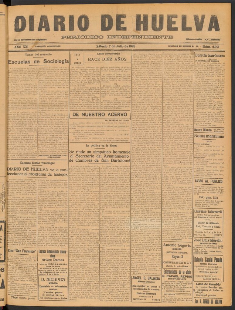 Miniatura de Diario de Huelva : periódico independiente del 7 de julio de 1928