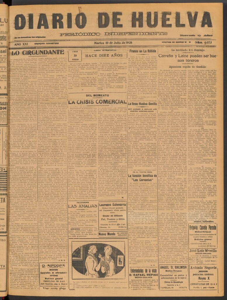 Miniatura de Diario de Huelva : periódico independiente del 10 de julio de 1928