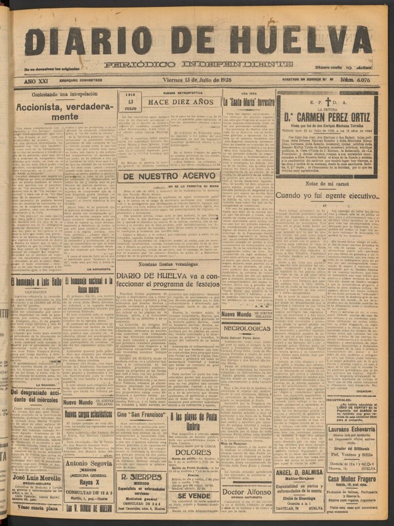 Miniatura de Diario de Huelva : periódico independiente del 13 de julio de 1928