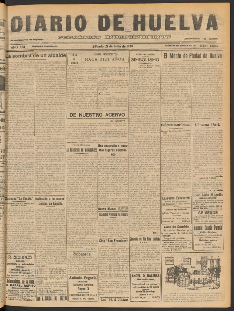 Miniatura de Diario de Huelva : periódico independiente del 21 de julio de 1928