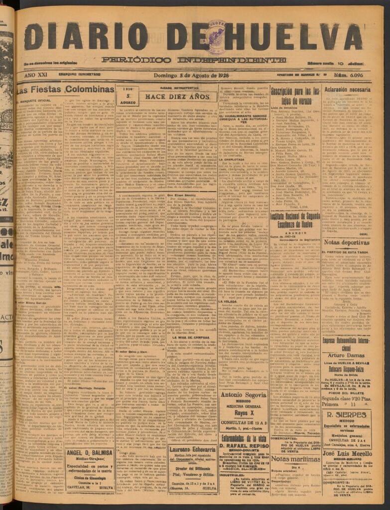 Miniatura de Diario de Huelva : periódico independiente del 5 de agosto de 1928