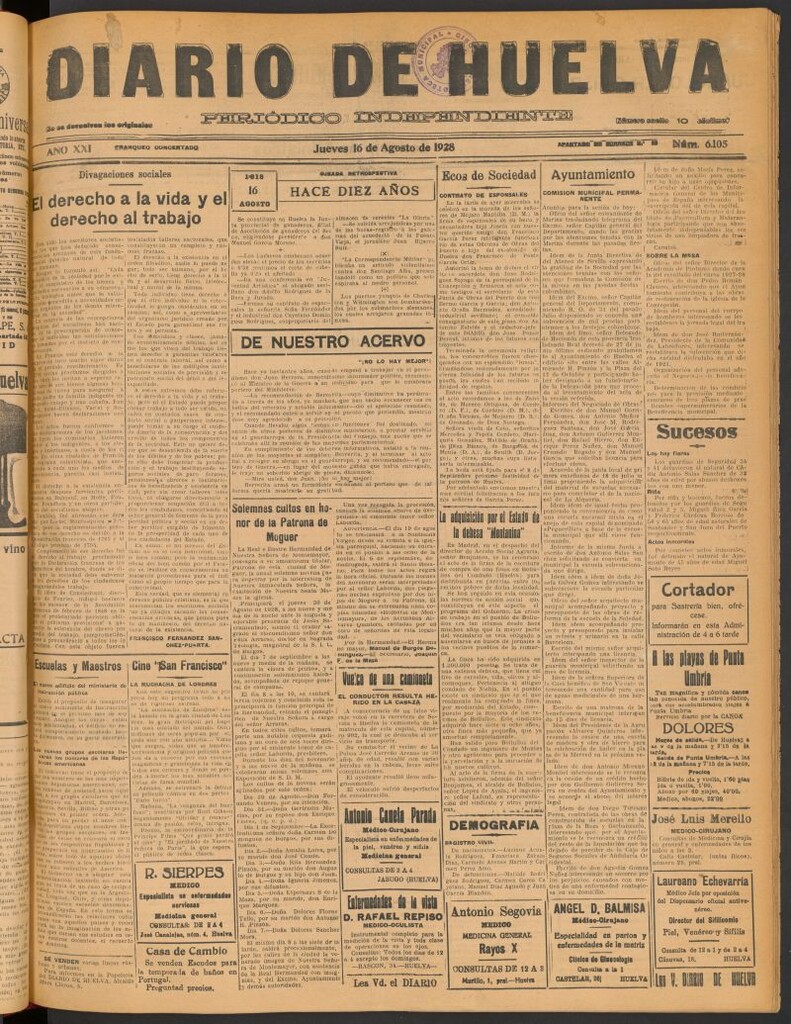 Miniatura de Diario de Huelva : periódico independiente del 16 de agosto de 1928