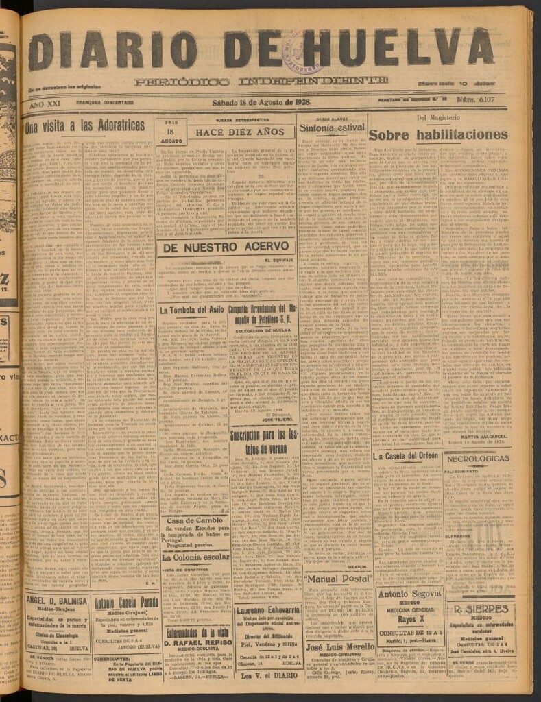 Miniatura de Diario de Huelva : periódico independiente del 18 de agosto de 1928