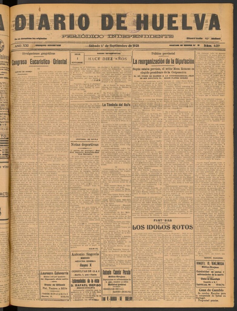 Miniatura de Diario de Huelva : periódico independiente del 1 de septiembre de 1928