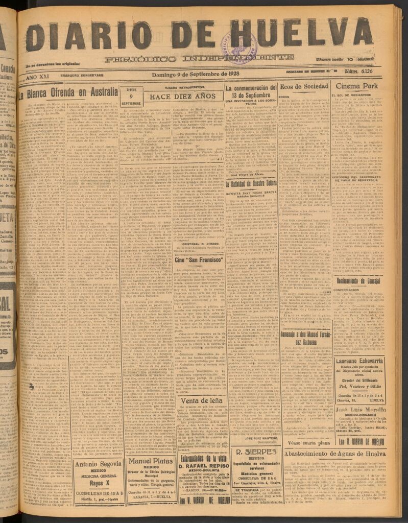 Miniatura de Diario de Huelva : periódico independiente del 9 de septiembre de 1928