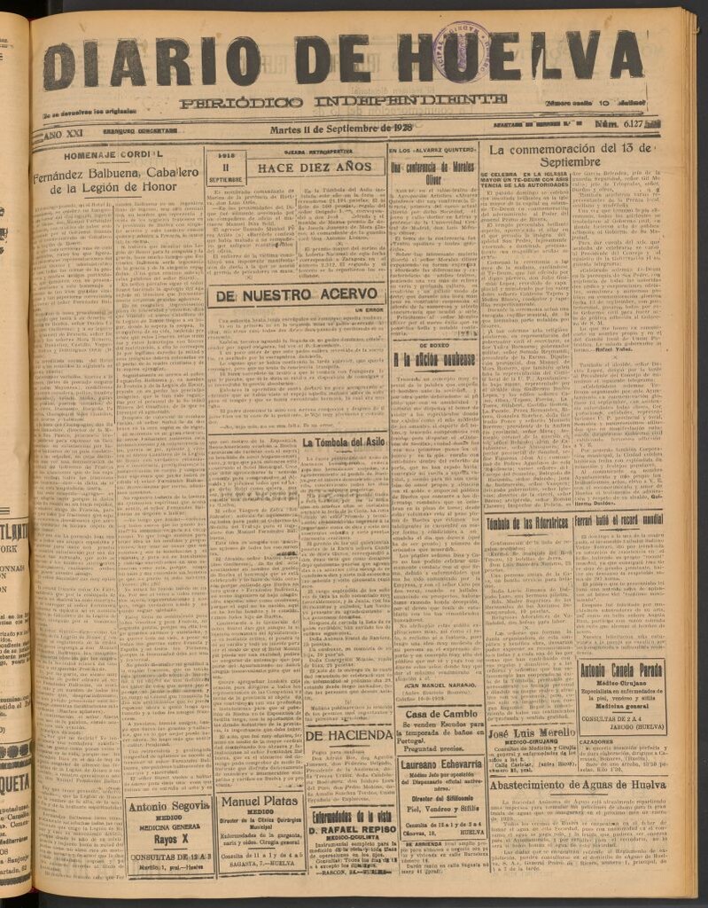 Miniatura de Diario de Huelva : periódico independiente del 11 de septiembre de 1928