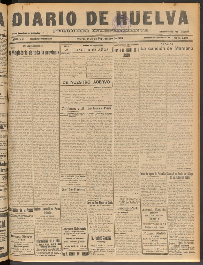Miniatura de Diario de Huelva : periódico independiente del 26 de septiembre de 1928