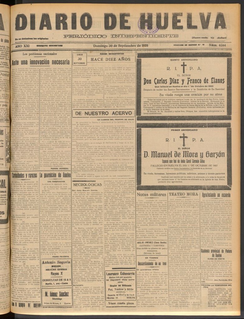Miniatura de Diario de Huelva : periódico independiente del 30 de septiembre de 1928