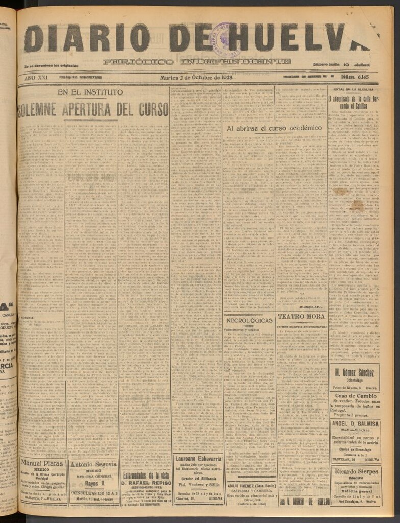 Miniatura de Diario de Huelva : periódico independiente del 2 de octubre de 1928