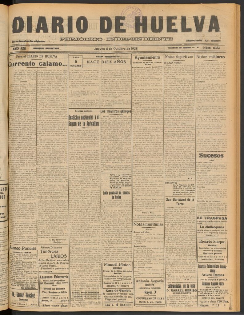 Miniatura de Diario de Huelva : periódico independiente del 11 de octubre de 1928