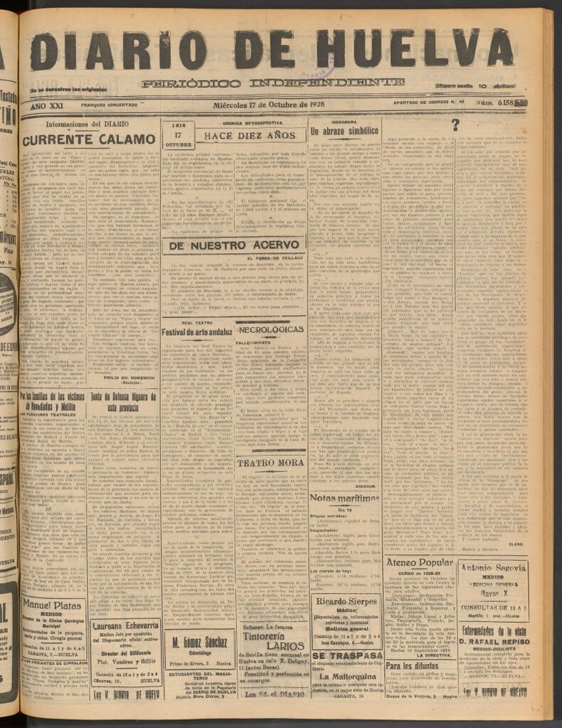 Miniatura de Diario de Huelva : periódico independiente del 17 de octubre de 1928