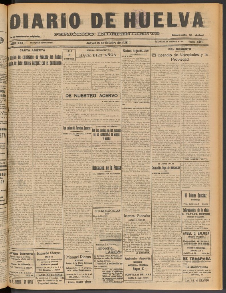 Miniatura de Diario de Huelva : periódico independiente del 18 de octubre de 1928
