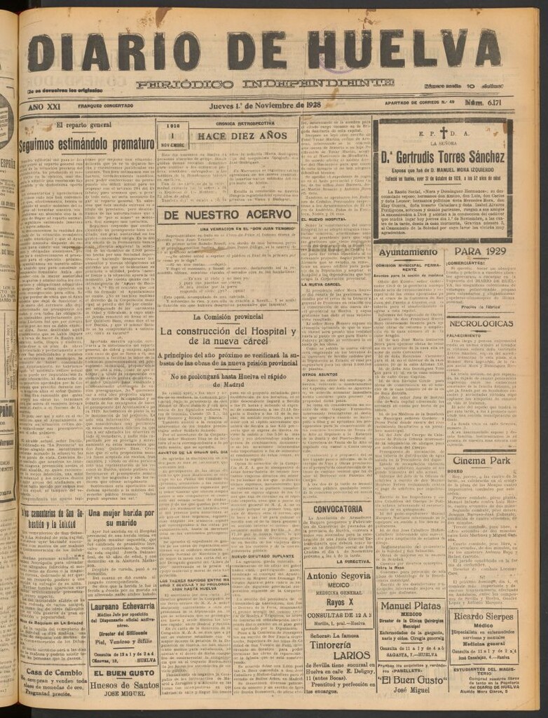 Miniatura de Diario de Huelva : periódico independiente del 1 de noviembre de 1928