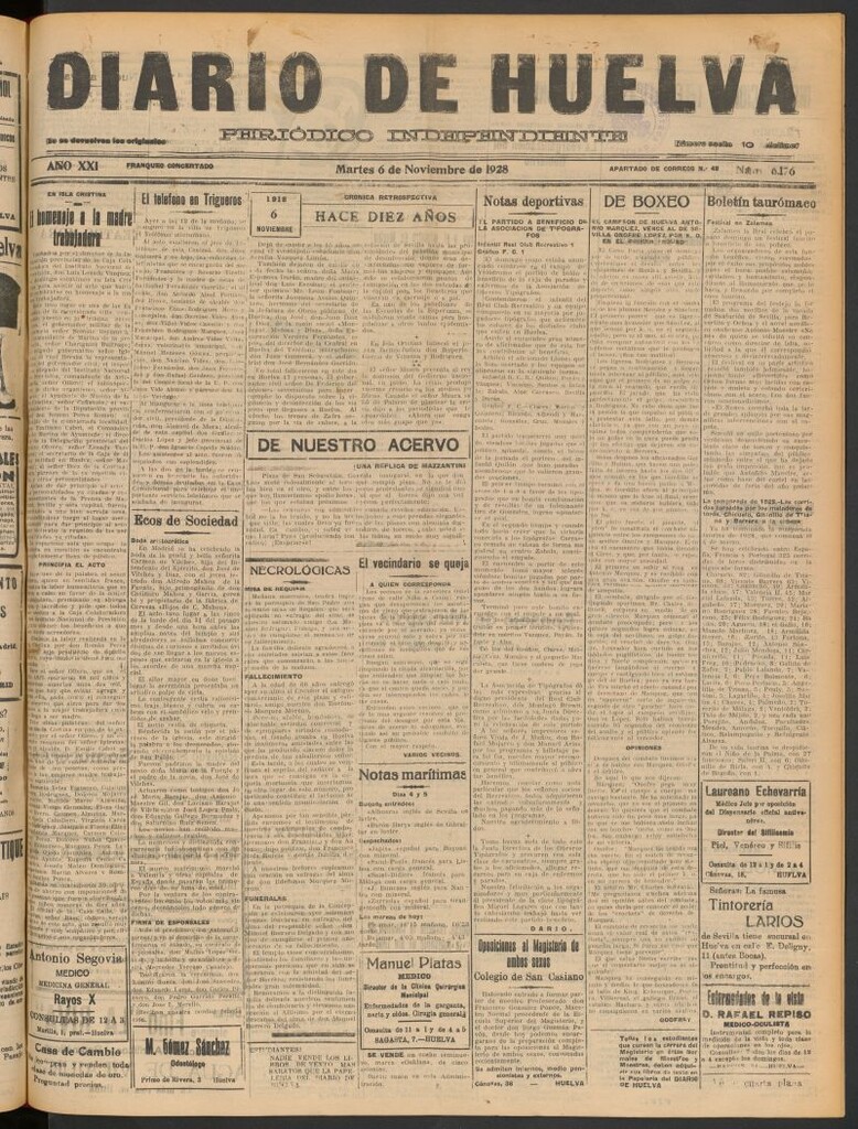 Miniatura de Diario de Huelva : periódico independiente del 6 de noviembre de 1928
