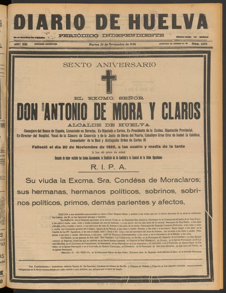 Miniatura de Diario de Huelva : periódico independiente del 20 de noviembre de 1928