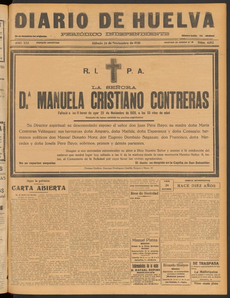 Miniatura de Diario de Huelva : periódico independiente del 24 de noviembre de 1928