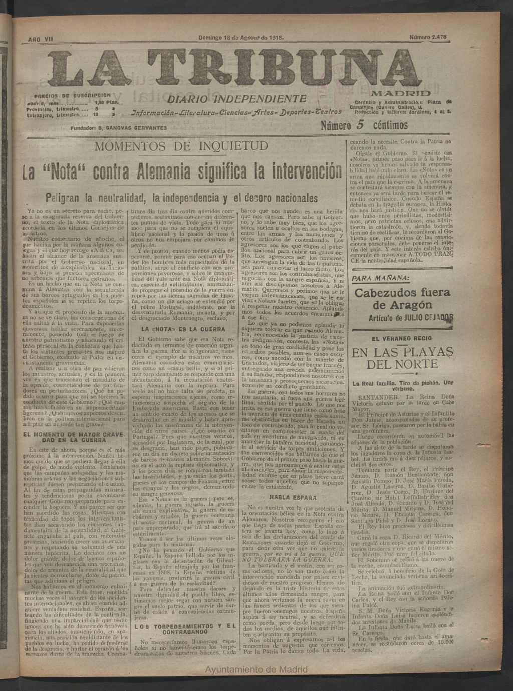 Miniatura de La Tribuna del 18 de agosto de 1918