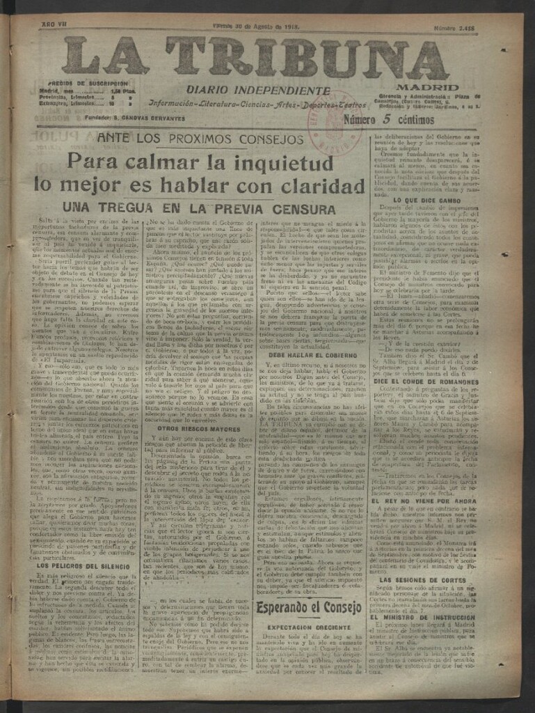 Miniatura de La Tribuna del 30 de agosto de 1918