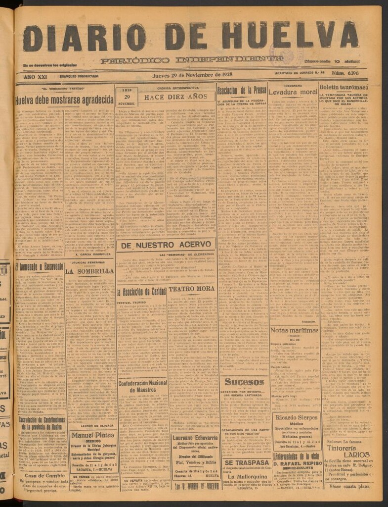 Miniatura de Diario de Huelva : periódico independiente del 29 de noviembre de 1928