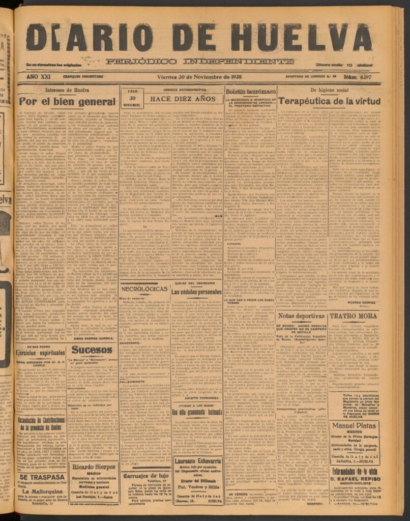 Miniatura de Diario de Huelva : periódico independiente del 30 de noviembre de 1928