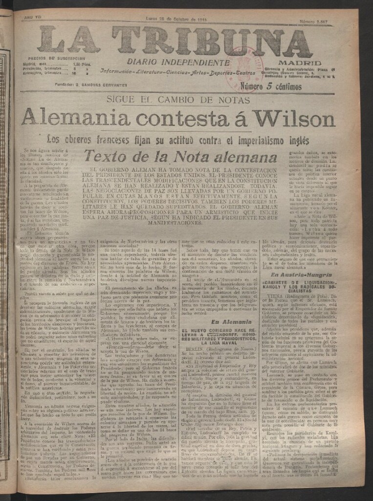 Miniatura de La Tribuna del 28 de octubre de 1918