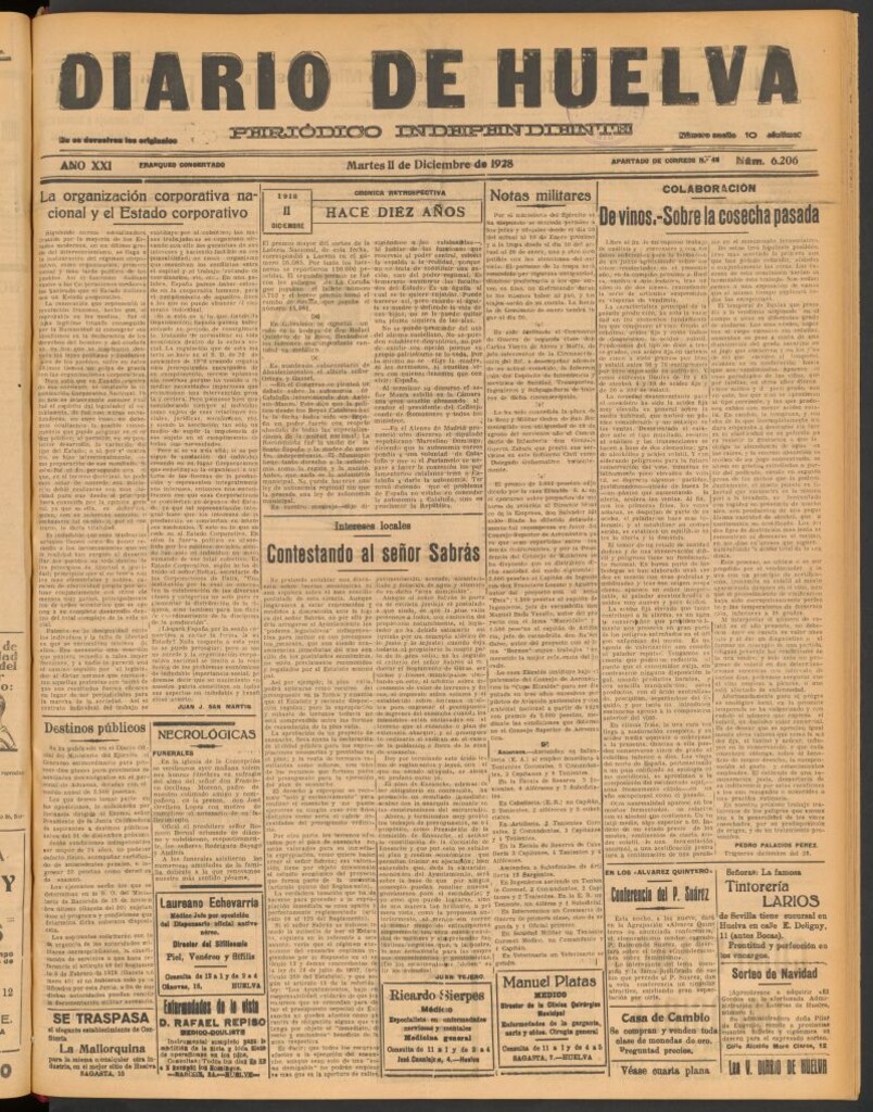 Miniatura de Diario de Huelva : periódico independiente del 11 de diciembre de 1928