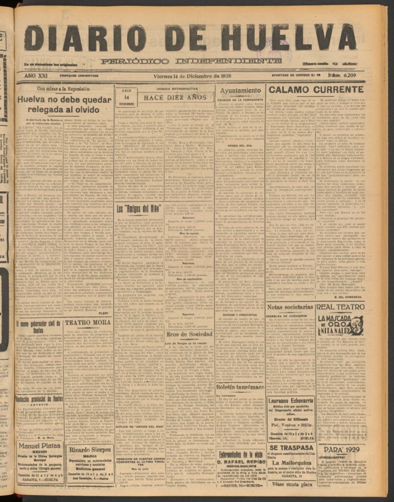 Miniatura de Diario de Huelva : periódico independiente del 14 de diciembre de 1928