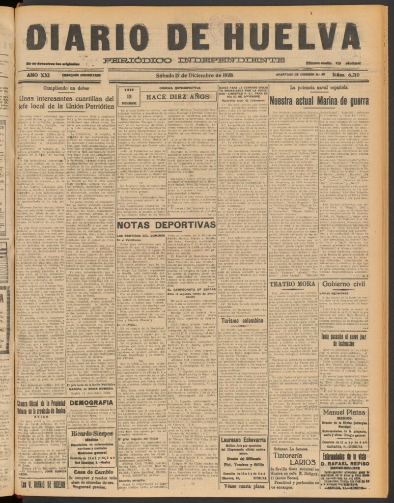 Miniatura de Diario de Huelva : periódico independiente del 15 de diciembre de 1928