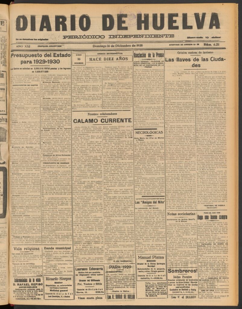 Miniatura de Diario de Huelva : periódico independiente del 16 de diciembre de 1928