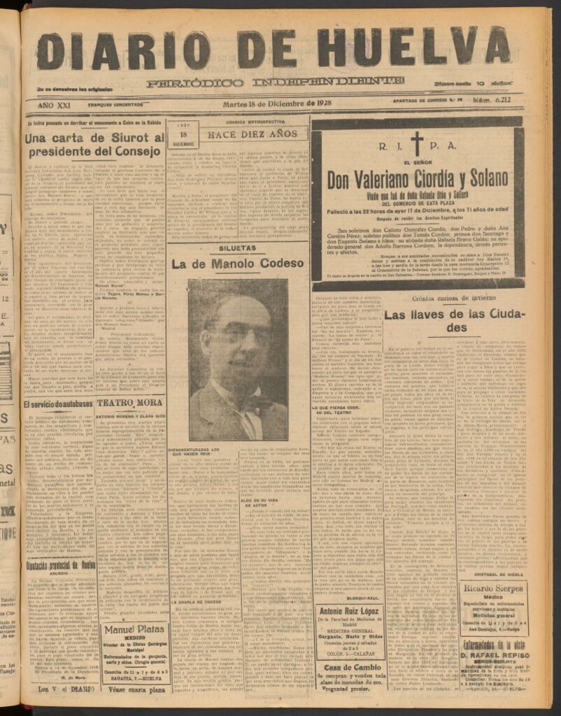 Miniatura de Diario de Huelva : periódico independiente del 18 de diciembre de 1928