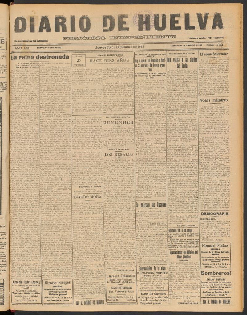 Miniatura de Diario de Huelva : periódico independiente del 20 de diciembre de 1928
