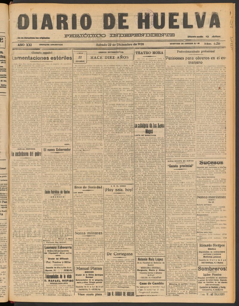 Miniatura de Diario de Huelva : periódico independiente del 22 de diciembre de 1928