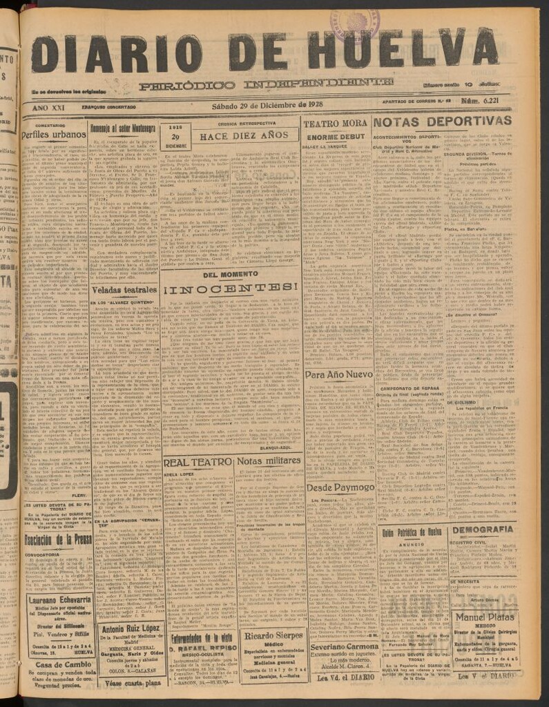 Miniatura de Diario de Huelva : periódico independiente del 29 de diciembre de 1928