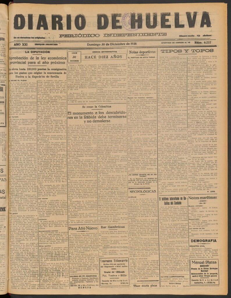 Miniatura de Diario de Huelva : periódico independiente del 30 de diciembre de 1928