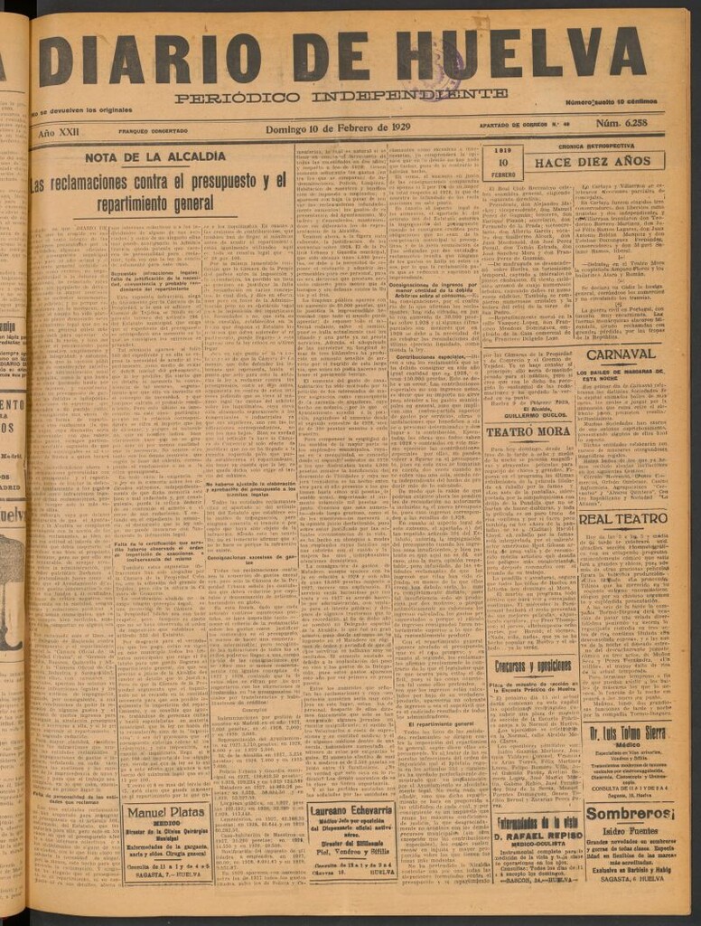 Miniatura de Diario de Huelva : periódico independiente del 10 de febrero de 1929