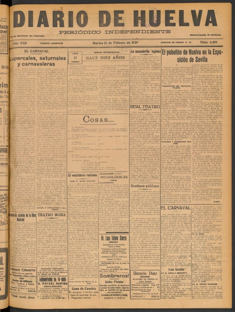 Miniatura de Diario de Huelva : periódico independiente del 12 de febrero de 1929