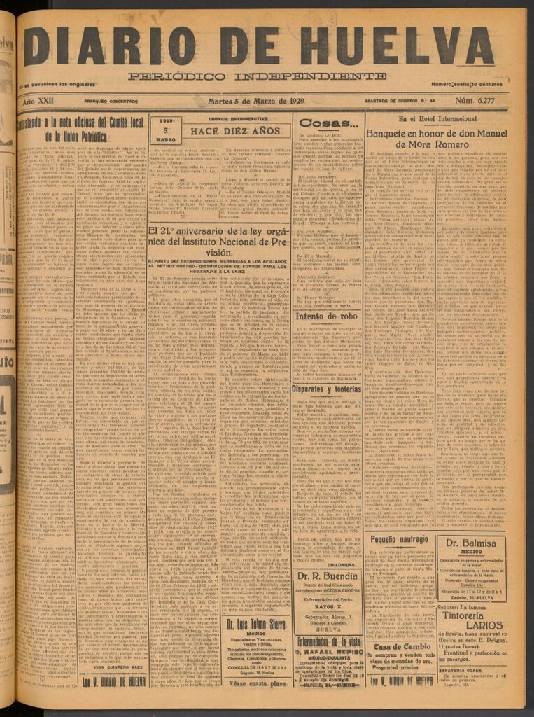Miniatura de Diario de Huelva : periódico independiente del 5 de marzo de 1929