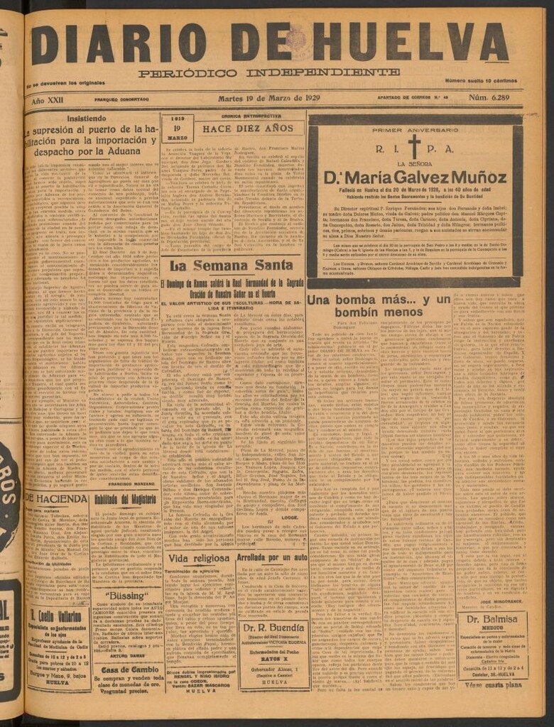 Miniatura de Diario de Huelva : periódico independiente del 19 de marzo de 1929