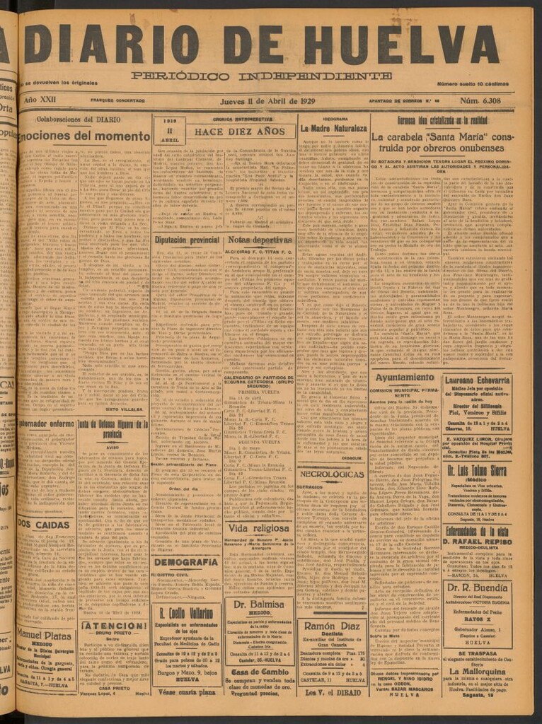 Miniatura de Diario de Huelva : periódico independiente del 11 de abril de 1929