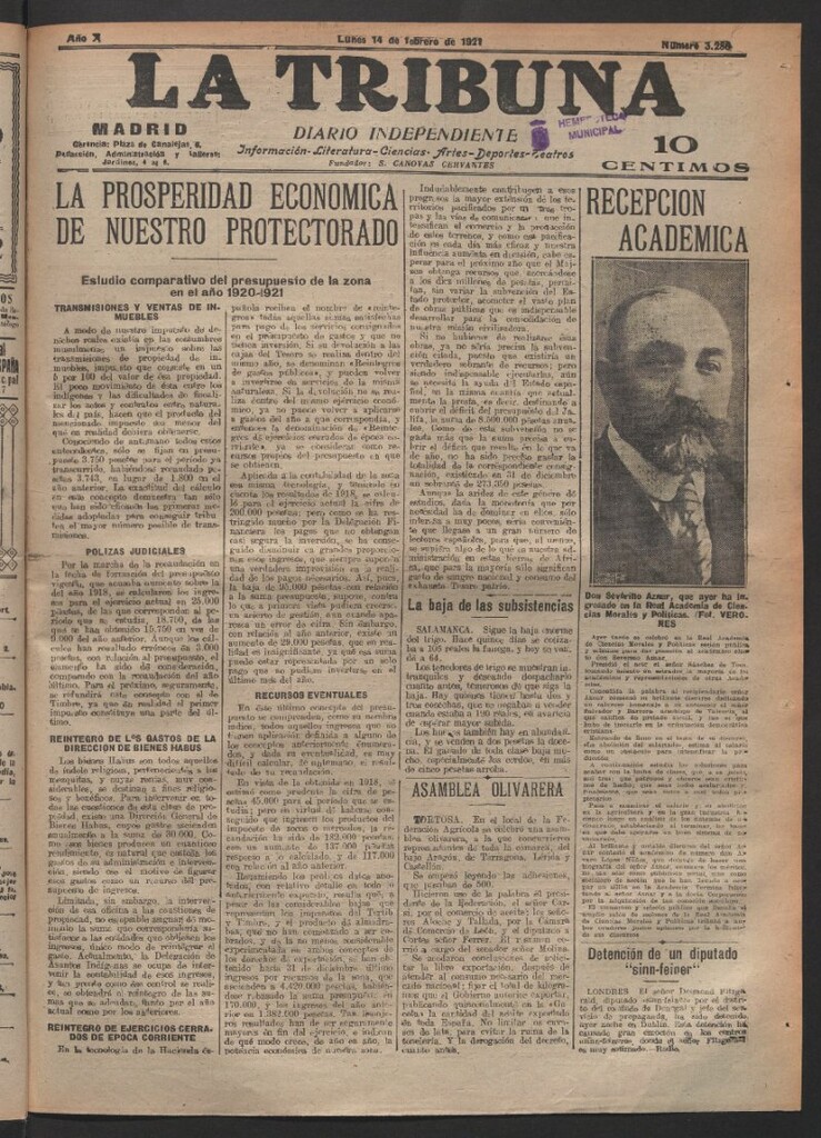 Miniatura de La Tribuna del 14 de febrero de 1921