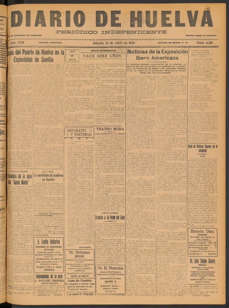 Miniatura de Diario de Huelva : periódico independiente del 13 de abril de 1929