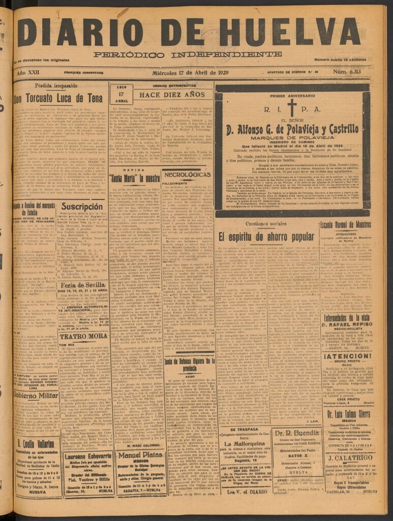 Miniatura de Diario de Huelva : periódico independiente del 17 de abril de 1929