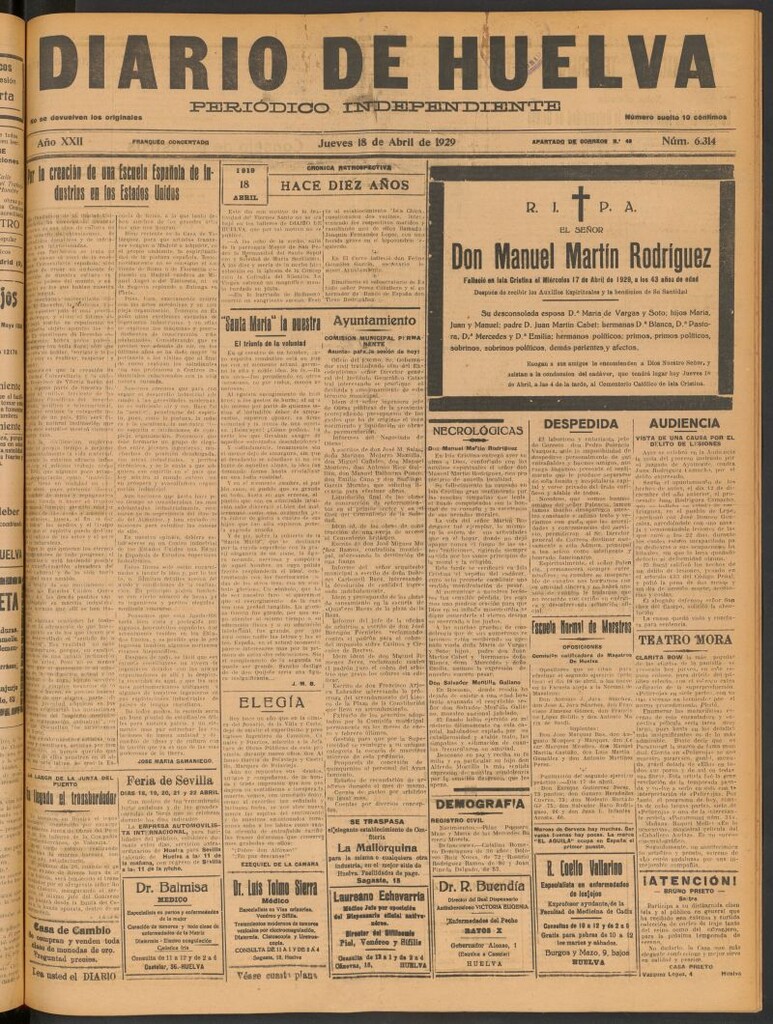 Miniatura de Diario de Huelva : periódico independiente del 18 de abril de 1929